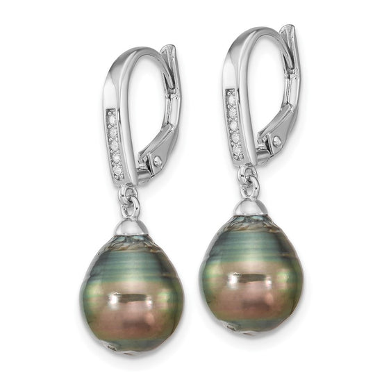 Sterling Silver Rhodium-plated 9-10mm Black Teardrop Tahitian Saltwater Cultured Pearl and CZ Dangle Leverback Earrings
