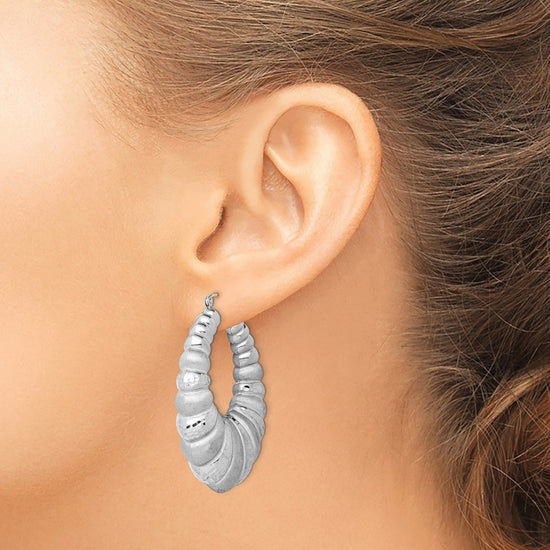 Sterling Silver Rhodium-plated Satin & D/C Shrimp Oval Hoop Earrings
