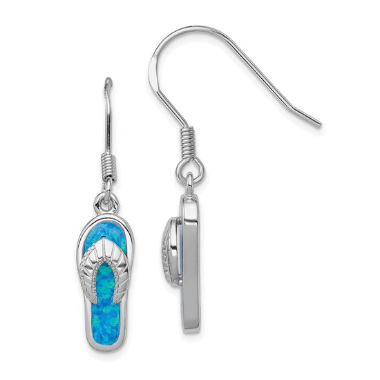 Sterling Silver Rhodium-plated Created Blue Inlay Opal Sandal Dangle Earrings