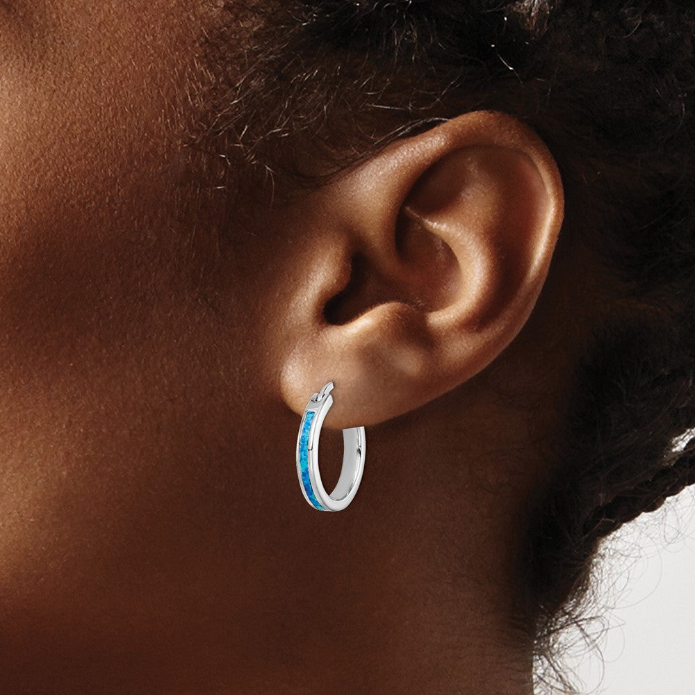 Sterling Silver Rhod-plated Created Blue Opal Inlay Round Hoop Earrings