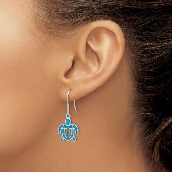 Sterling Silver Rhodium-plated Created Blue Opal Inlay Tortoise Dangle Earrings