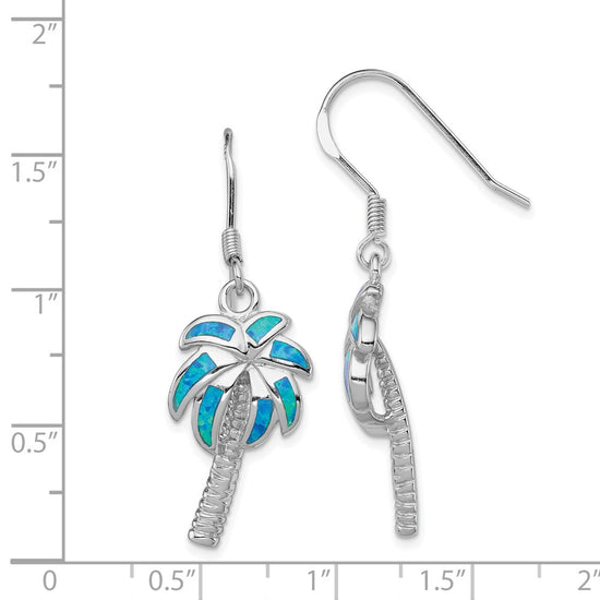Sterling Silver Rhodium-plated Created Blue Opal Inlay Palm Tree Dangle Earrings
