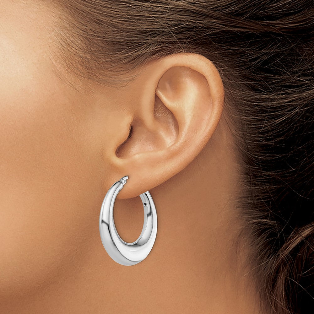 Sterling Silver RH-plated Polished Tapered Hollow Round Hoop Earrings