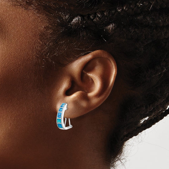 Sterling Silver Rhodium-plated Polished Blue Created Opal Inlay J-Hoop Earrings