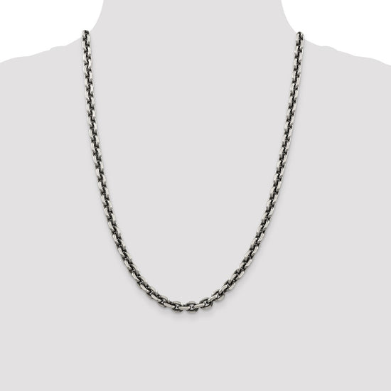Sterling Silver Antiqued Diamond-Cut Elongated Open Link Chain