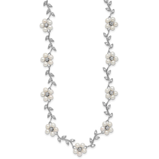 Sterling Silver Rhodium-plated CZ Vine Pattern and Fresheater Cultured Pearl Floral 16 inch Necklace