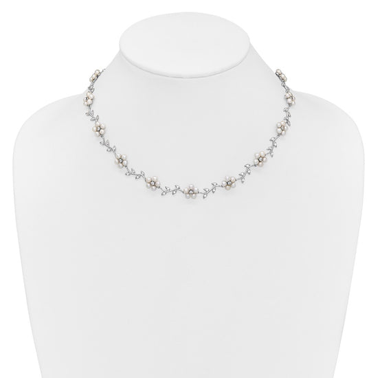 Sterling Silver Rhodium-plated CZ Vine Pattern and Fresheater Cultured Pearl Floral 16 inch Necklace
