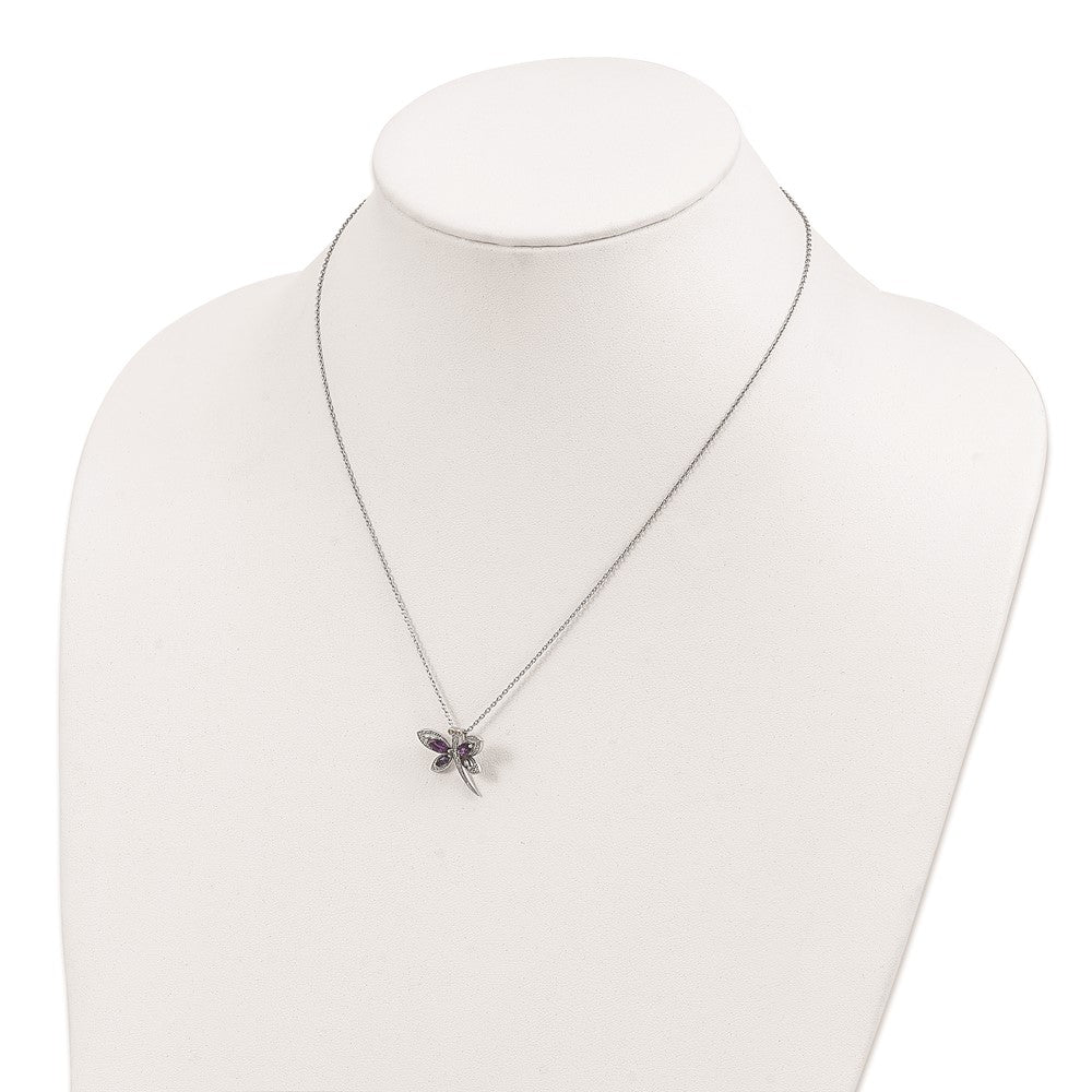 Brilliant Gemstones Sterling Silver with 14K Accent Rhodium-plated Amethyst/Iolite/Diamond Dragonfly18 Inch Necklace with 2 Inch Extender