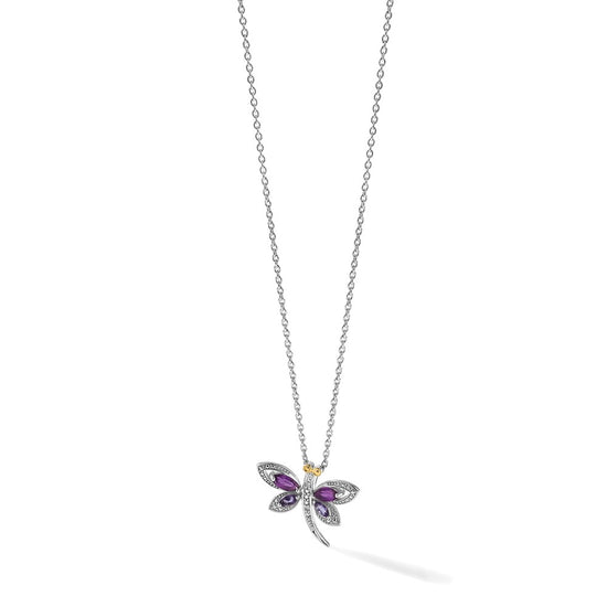 Brilliant Gemstones Sterling Silver with 14K Accent Rhodium-plated Amethyst/Iolite/Diamond Dragonfly18 Inch Necklace with 2 Inch Extender