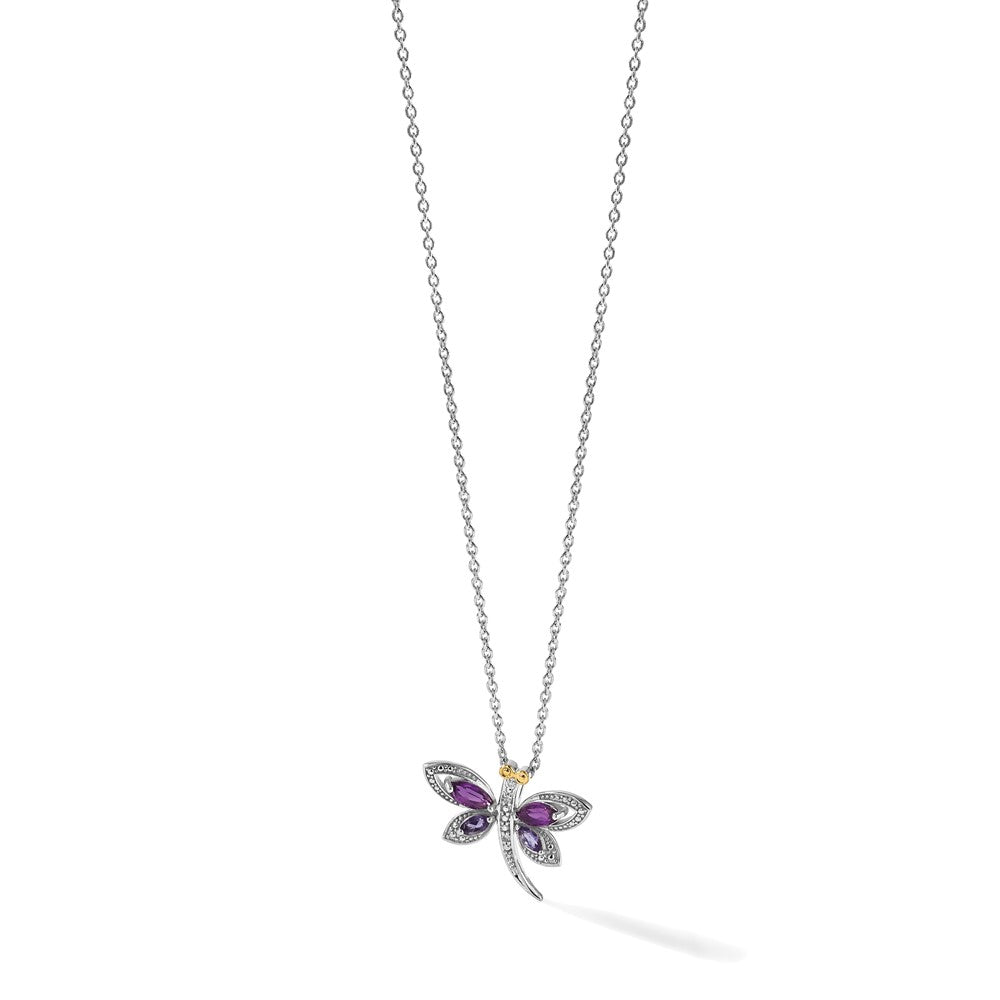 Brilliant Gemstones Sterling Silver with 14K Accent Rhodium-plated Amethyst/Iolite/Diamond Dragonfly18 Inch Necklace with 2 Inch Extender