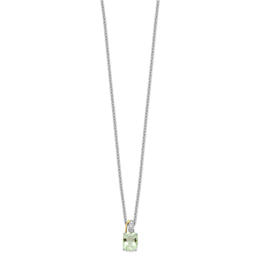 Brilliant Gemstones Sterling Silver with 14K Accent Rhodium-plated Green Quartz and Diamond 18 Inch Necklace with 2 Inch Extender