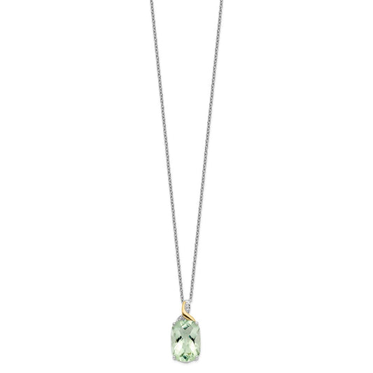 Brilliant Gemstones Sterling Silver with 14K Accent Rhodium-plated Green Quartz and Diamond 18 Inch Necklace with 2 Inch Extender