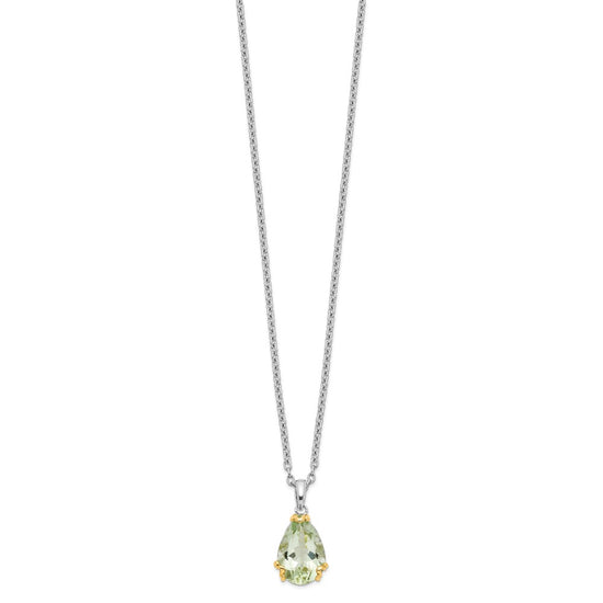 Brilliant Gemstones Sterling Silver with 14K Accent Rhodium-plated Green Quartz 18 Inch Necklace with 2 Inch Extender
