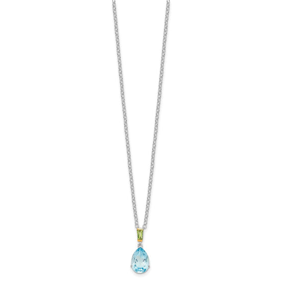 Brilliant Gemstones Sterling Silver with14K Accent Rhodium-plated Sky Blue Topaz and Peridot 18 Inch Necklace with 2 Inch Extender
