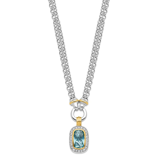 Sterling Silver Flash Gold-plated Clear and Blue CZ 16 inch Necklace