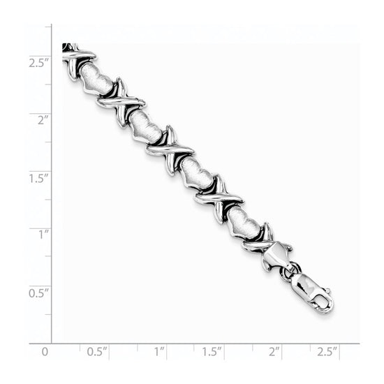 Sterling Silver Rhodium Polished and Brushed X's and Hearts Bracelet