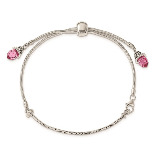 Sterling Silver Antiqued Pink Crystal Briolette Adjustable Bracelet