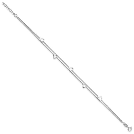 Sterling Silver Rhodium-plated Heart 2-Strand 9 inch Plus 1 inch Extender Total 10 inch Anklet