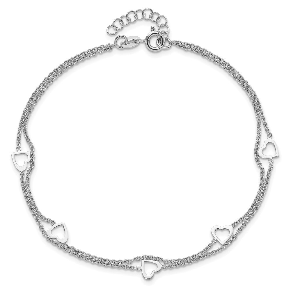 Sterling Silver Rhodium-plated Heart 2-Strand 9 inch Plus 1 inch Extender Total 10 inch Anklet