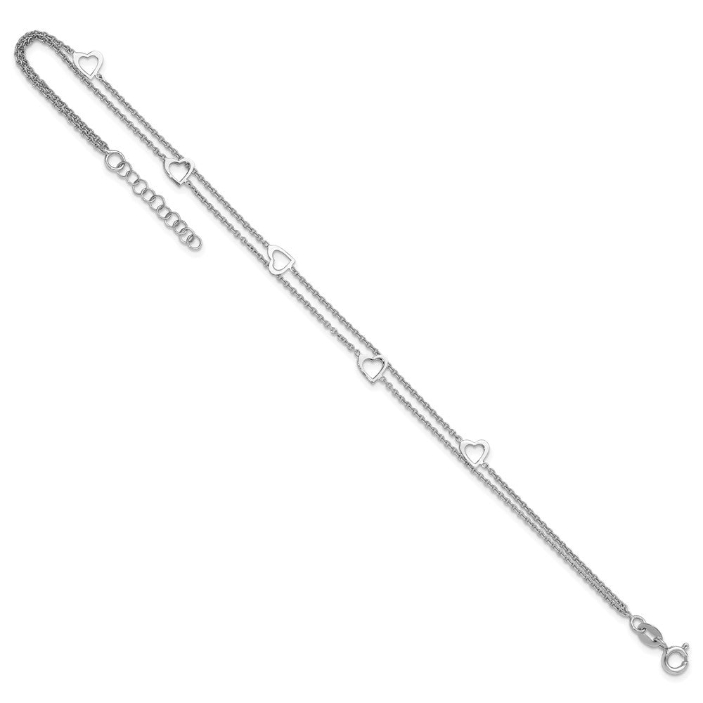 Sterling Silver Rhodium-plated Heart 2-Strand 9 inch Plus 1 inch Extender Total 10 inch Anklet
