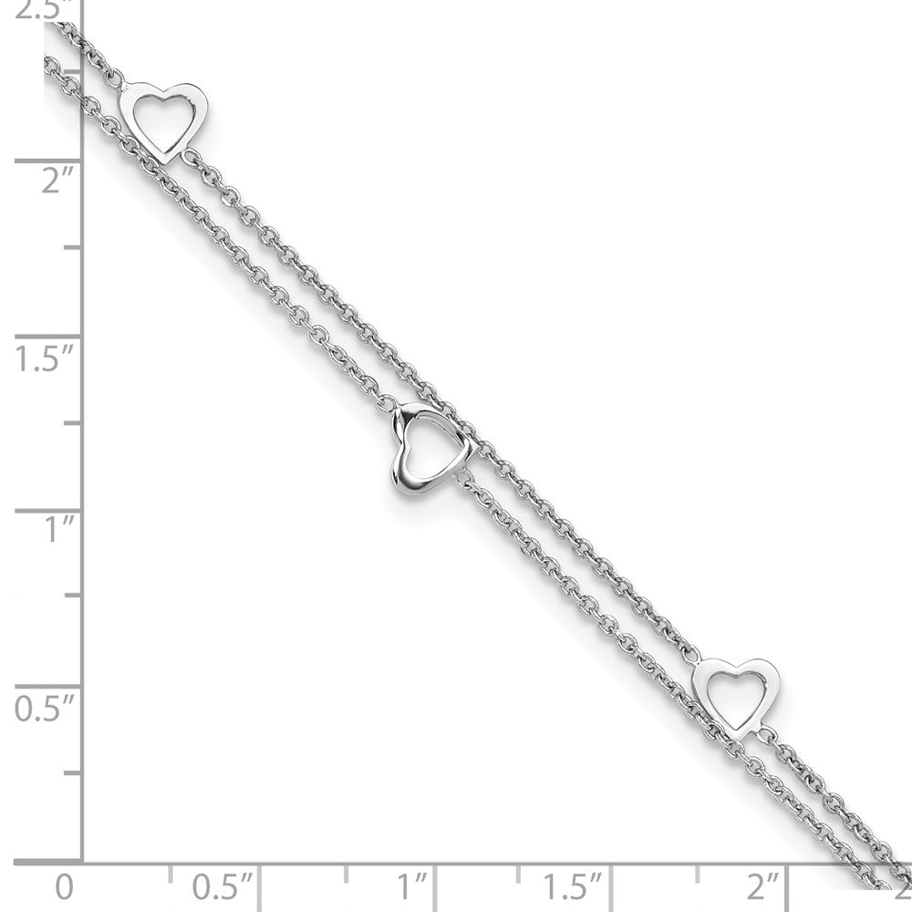 Sterling Silver Rhodium-plated Heart 2-Strand 9 inch Plus 1 inch Extender Total 10 inch Anklet