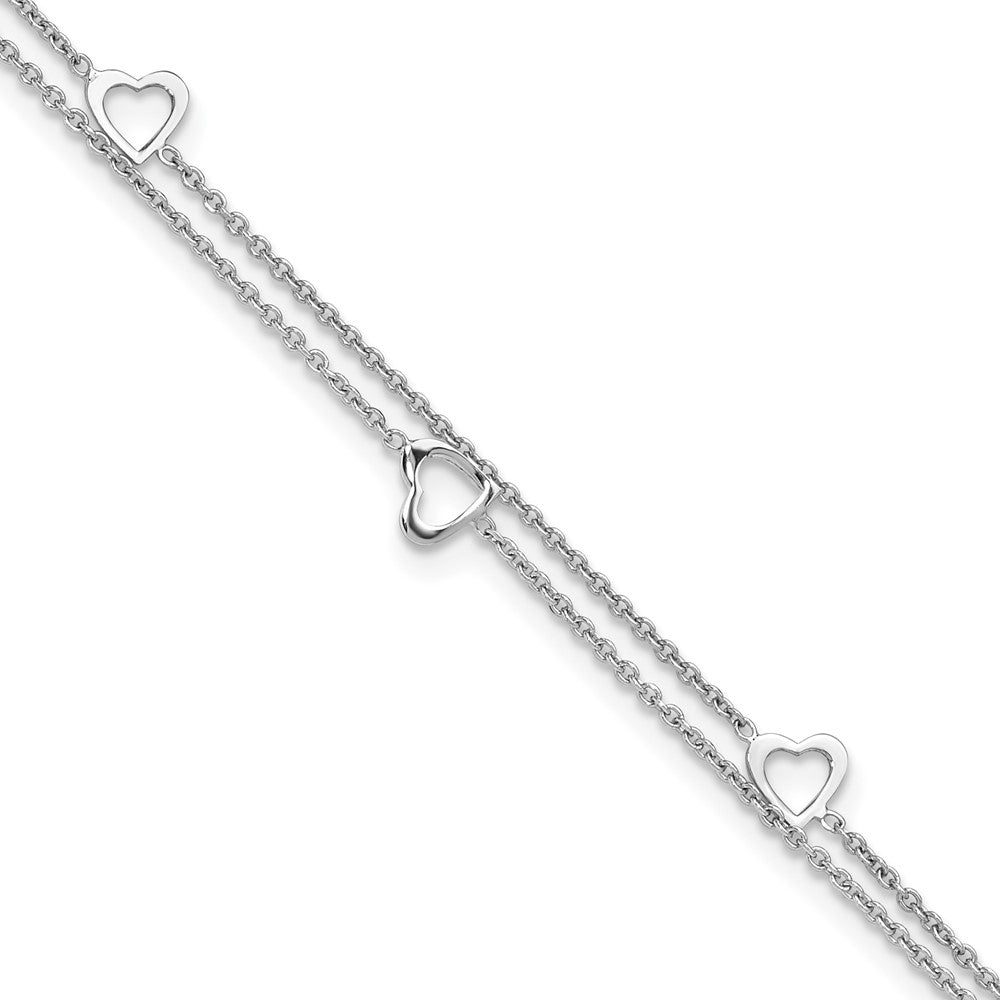 Sterling Silver Rhodium-plated Heart 2-Strand 9 inch Plus 1 inch Extender Total 10 inch Anklet