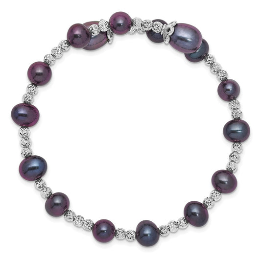 Sterling Silver Rhodium-plated 6-7mm and 8mm Black Teardrop and Near-Round Freshwater Cultured Pearl Wrap Flexible Bangle