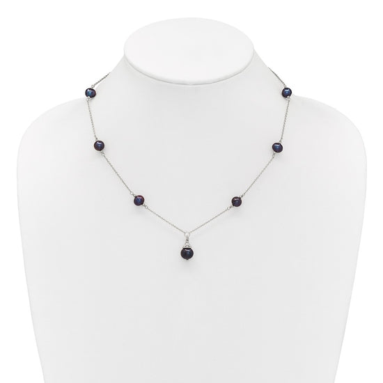 Sterling Silver Rhodium-plated 9-10mm Black Semi-Round Freshwater Cultured Pearl 18 inch Necklace and Dangle Earrings Set