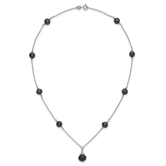 Sterling Silver Rhodium-plated 9-10mm Black Semi-Round Freshwater Cultured Pearl 18 inch Necklace and Dangle Earrings Set