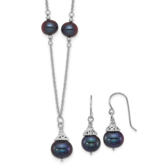 Sterling Silver Rhodium-plated 9-10mm Black Semi-Round Freshwater Cultured Pearl 18 inch Necklace and Dangle Earrings Set