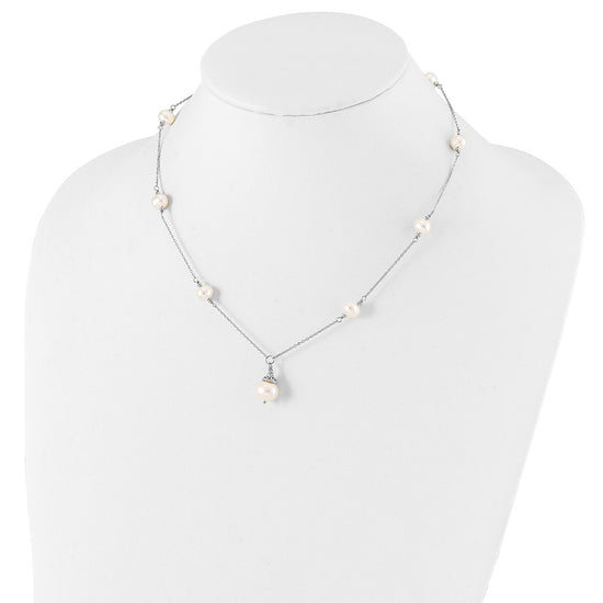 Sterling Silver Rhodium-plated 9-10mm White Near-Round Freshwater Cultured Pearl 18 inch Necklace and Dangle Earrings Set
