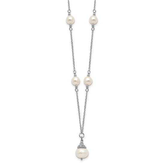 Sterling Silver Rhodium-plated 9-10mm White Near-Round Freshwater Cultured Pearl 18 inch Necklace and Dangle Earrings Set