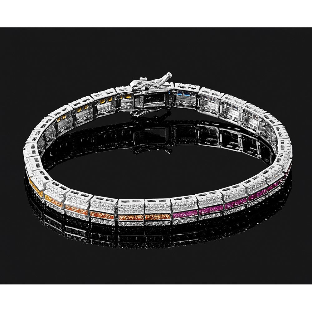 Prizma Sterling Silver Rhodium-plated 7.25 inch Channel-Set White and Colorful and White CZ Bracelet