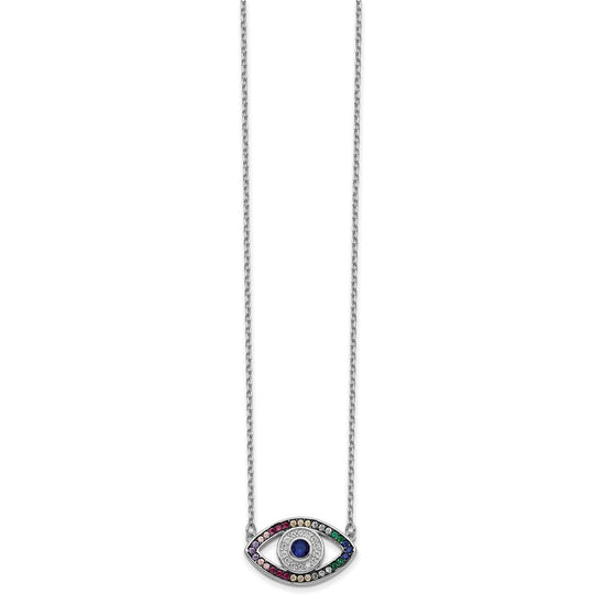 Prizma Sterling Silver Rhodium-plated 16 inch Colorful CZ Evil Eye Necklace with 2 inch Extender