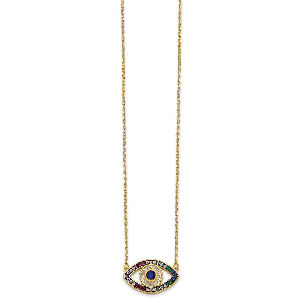 Prizma Sterling Silver Gold-tone 14K Flash Gold-plated 16 inch Colorful CZ Evil Eye Necklace with 2 inch Extender
