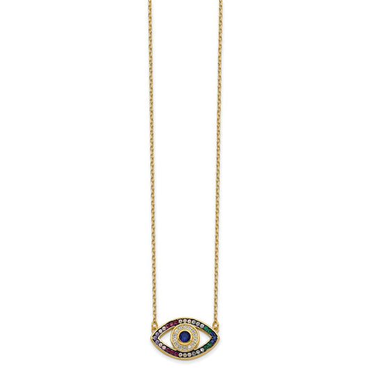 Prizma Sterling Silver Gold-tone 14K Flash Gold-plated 16 inch Colorful CZ Evil Eye Necklace with 2 inch Extender