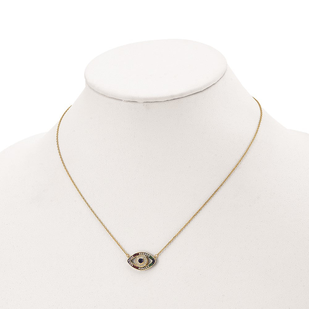 Prizma Sterling Silver Gold-tone 14K Flash Gold-plated 16 inch Colorful CZ Evil Eye Necklace with 2 inch Extender