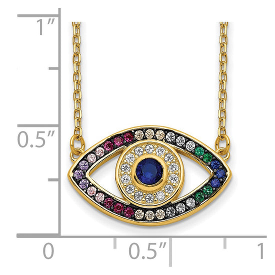 Prizma Sterling Silver Gold-tone 14K Flash Gold-plated 16 inch Colorful CZ Evil Eye Necklace with 2 inch Extender
