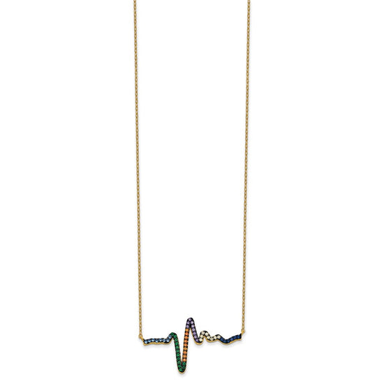 Prizma Sterling Silver Gold-tone 14K Flash Gold-plated 18 inch Colorful CZ Heartbeat Necklace with 1 inch Extender