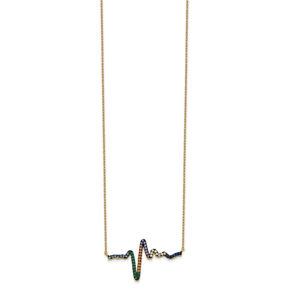 Prizma Sterling Silver Gold-tone 14K Flash Gold-plated 18 inch Colorful CZ Heartbeat Necklace with 1 inch Extender