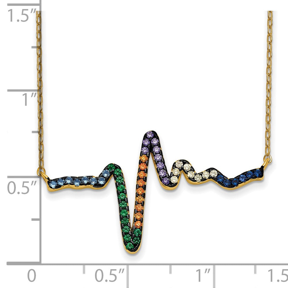 Prizma Sterling Silver Gold-tone 14K Flash Gold-plated 18 inch Colorful CZ Heartbeat Necklace with 1 inch Extender