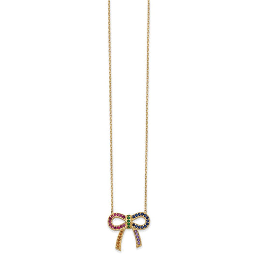 Prizma Sterling Silver Gold-tone 14K Flash Gold-plated 16 inch Colorful CZ Bow Necklace with 2 inch Extender