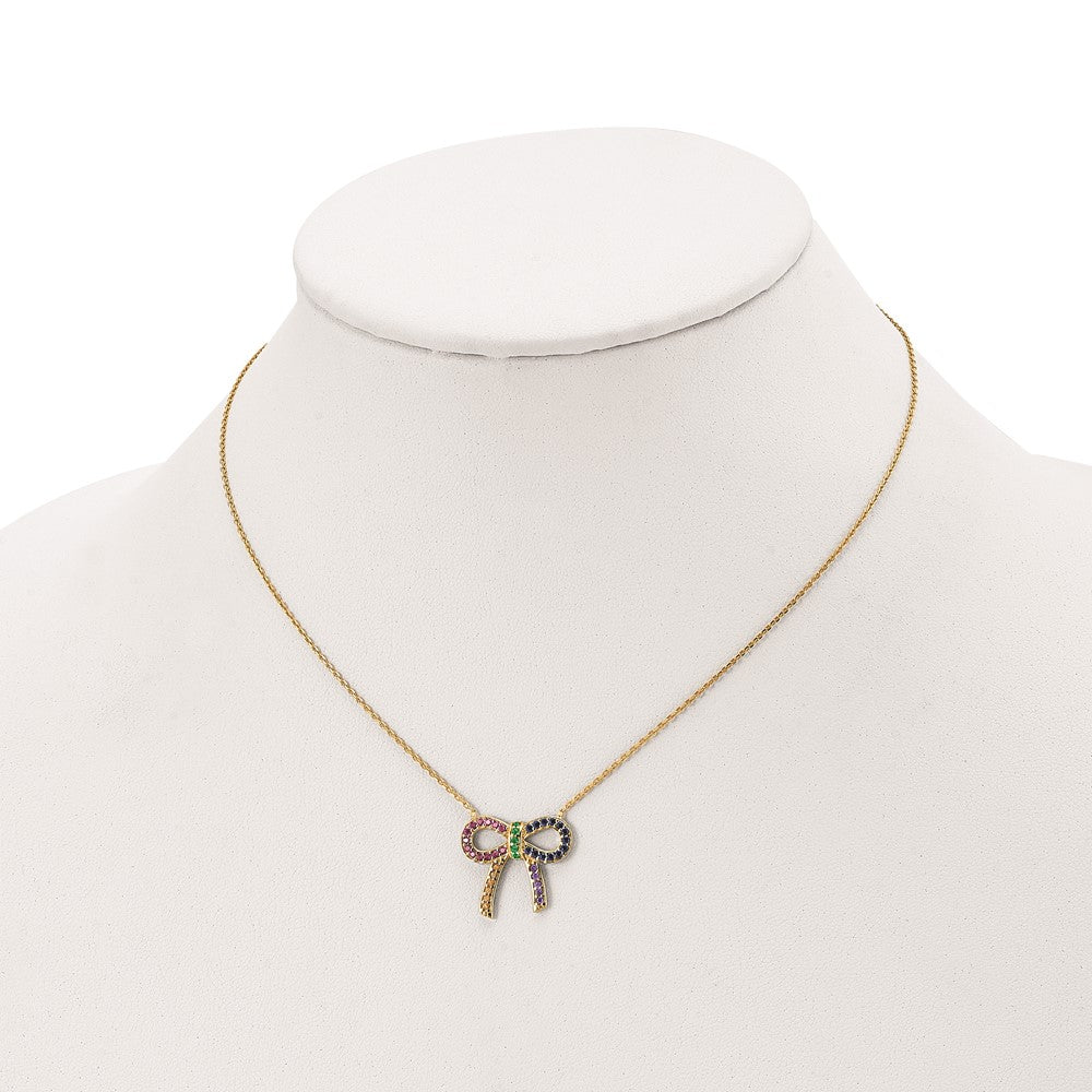 Prizma Sterling Silver Gold-tone 14K Flash Gold-plated 16 inch Colorful CZ Bow Necklace with 2 inch Extender