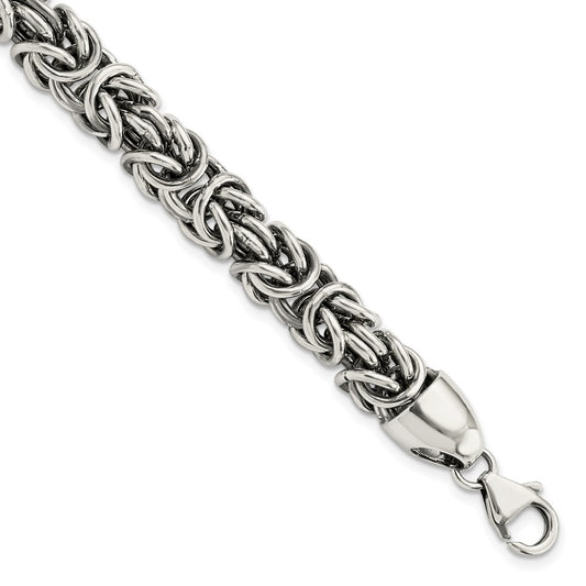 Sterling Silver Polished and Antiqued 8.4mm Byzantine Link 8.5 inch Bracelet