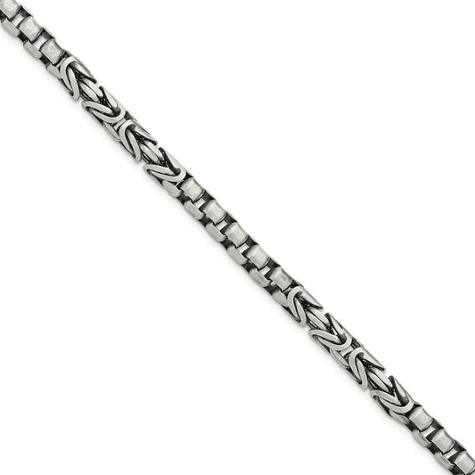 Sterling Silver Antiqued Brushed 5.0mm Byzantine/Box Link Mens 8.5 inch Bracelet
