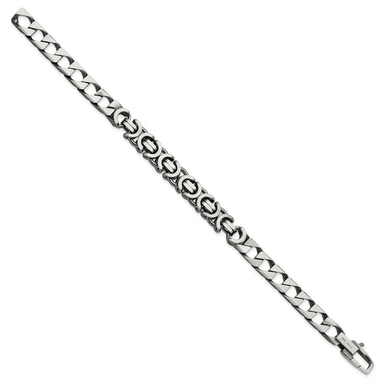 Sterling Silver Mens Antiqued Brushed Curb/Circles Bracelet