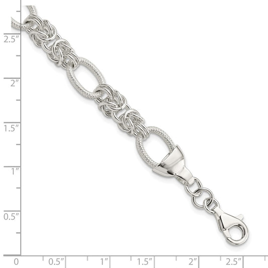 Sterling Silver Polished and Textured 10.1mm Fancy Oval and Byzantine Link 7.5in Bracelet