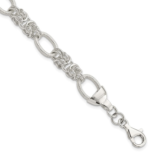 Sterling Silver Polished and Textured 10.1mm Fancy Oval and Byzantine Link 7.5in Bracelet