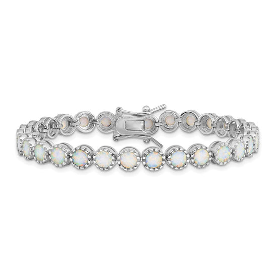 Sterling Silver Rhodium-plated Beaded White Created Opal Inlay Bracelet