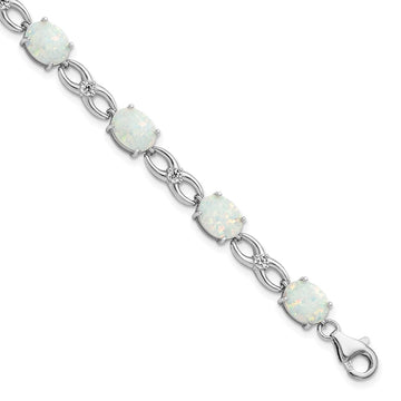 Sterling Silver Rhodium-plated Polished White Created Opal & CZ Bracelet